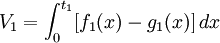 V_1=int_{0}^{t_1} [f_1(x)-g_1(x)], dx
